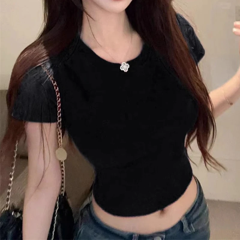 أزياء المرأة تيشيرت بأكمام قصيرة س الرقبة الصلبة سليم صالح السيدات المحاصيل الأعلى فراشة الجوف عارية الذراعين ل قمم عادية صيف 2024