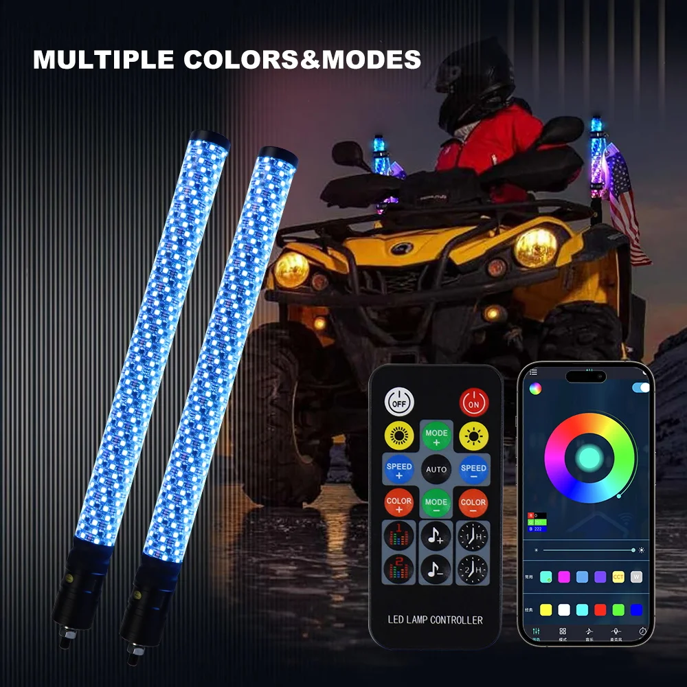 2ft Fat Whip Light Spiral RGB LED Whip Lights Chasing Lighted Antenna Whips for Jeep UTV ATV Off-Road RZR RF Remote Control