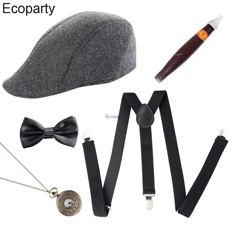 The Great Gatsby Cosplay Costume 1920s Mens Gangster Accessories Set Newsboy Hat Suspenders Armbands Tied Bowtie Drop Shipping