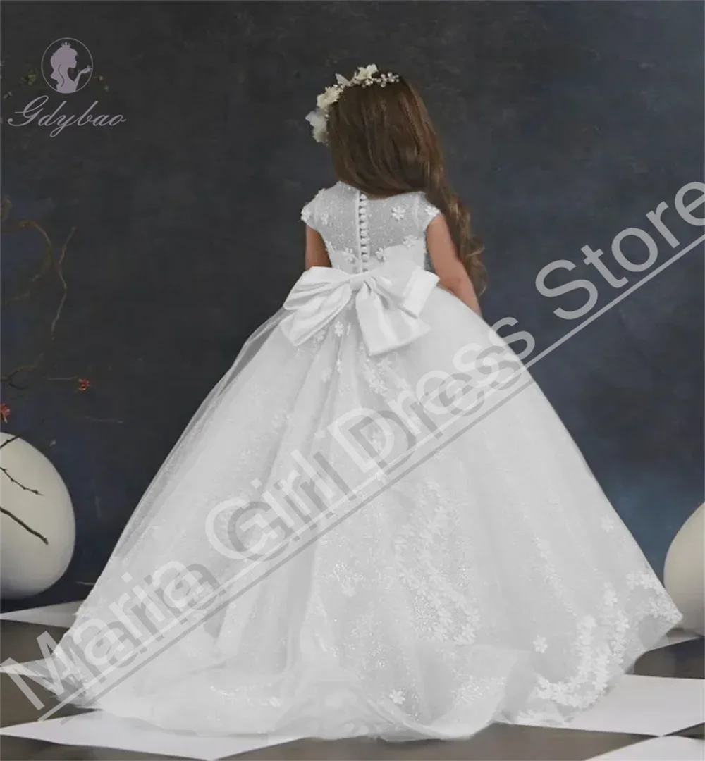 

White Princess Gown Fluffy Short Sleeved Cute Flower Girl Wedding Prom Dress First Communion Birthday Performance
