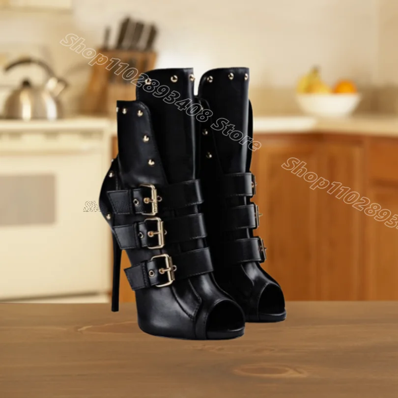 Black Buckle Rivet Decor Boots Stiletto Peep Toe Matte Leather Design for Women Dress Sexy Ankle Boots 2026 Zapatos Para Mujere