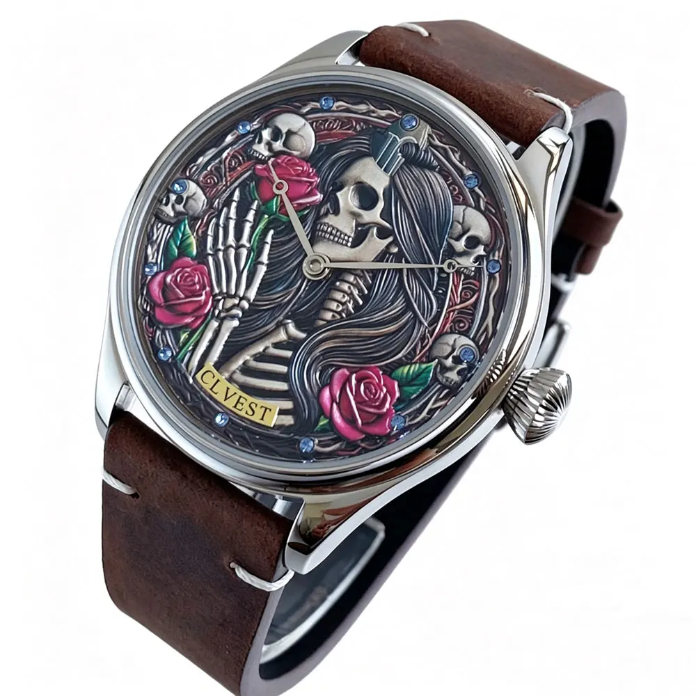 Sapphire Glass 42mm Gothic Style 3D Relief Dial Stainless Steel Hand-Winding Asia 6497 Movement Retro Men Mechanical Watch