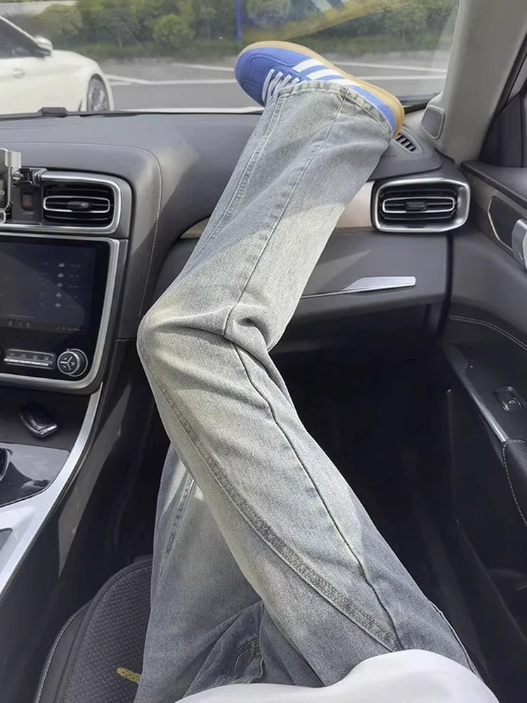 

Мужские джинсы-клеш с косым кроем в стиле ретро, осенне-зимние, в американском уличном стиле, утепленные флисом, прямые зауженные брюки-кюлоты