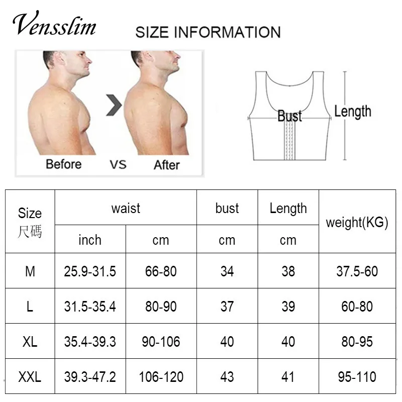 Vensslim Mens Compression Body Shaper Corset Vest Seamless Hide Gynecomastia Push Up Chest Binder Tops Hooks Corrector Posture