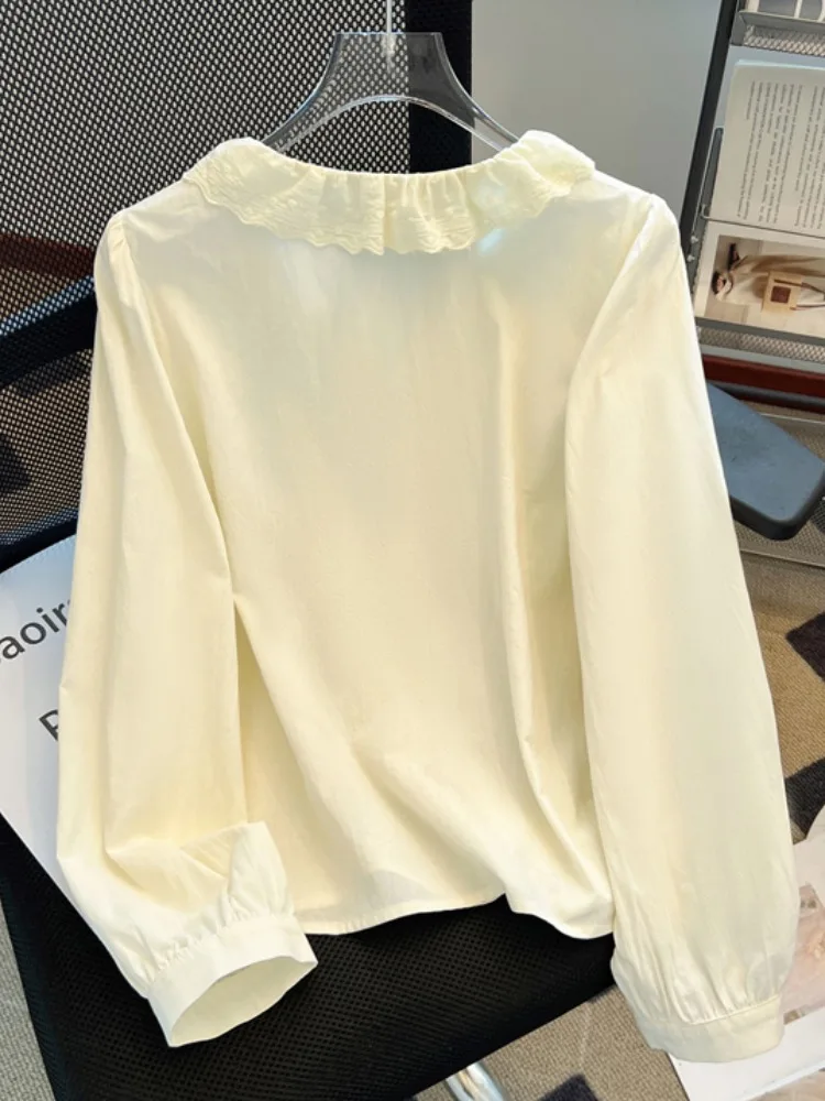 レーストリムドールカラーirtレディース初秋ルーズエイジディフュージョントップ韓国風スレボタンディテールロングスリーブカラー