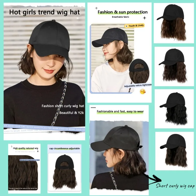 

Kpop Wig Caps Short Curly Hair Wig Hats Women One-piece Fashion Wig Hat Trends Baseball Caps Casual Daily Bonnets Cotton Bonnet