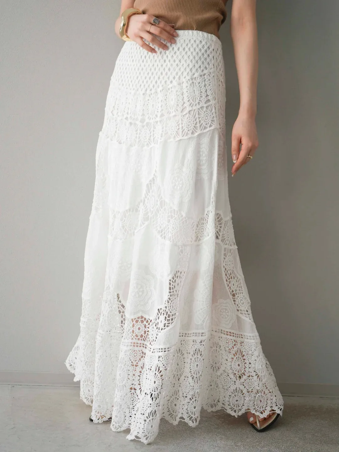 

Летняя женская юбка с тяжелой вышивкой, водорастворимая, белая, стройнящая, длинная, модная, универсальная, со средней талией