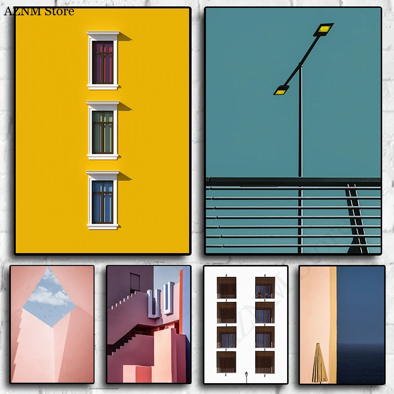 Minimalistische abstrakte Architektur-Linie, rosa Treppen, drei Fenster, Poster, bedruckte Leinwand, Gemälde, Wandkunst, Bilder, Heimdekoration, 1 Stück