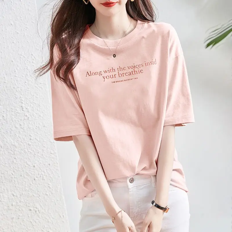 

100% pure cotton short sleeved t-shirt for women 2024 new summer Korean version simple and loose oversized slimming t-shirt top