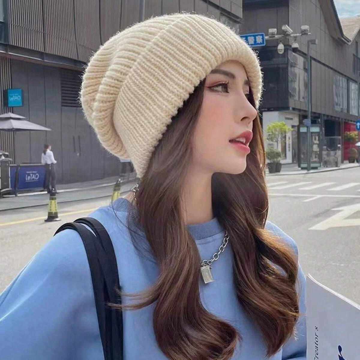 Women's multi-color coarse knitted Korean style knitted plush hat