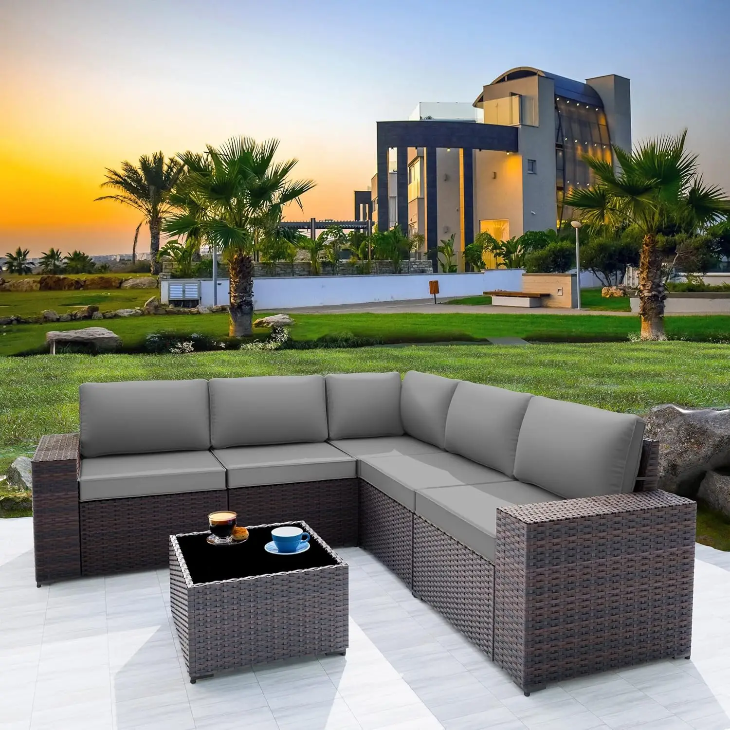 6 Pieces Waterproof Outdoor Patio Set, Modern All-Weather Outdoor Patio Furniture Sets with 5 Black&Brown Chairs(Grey)