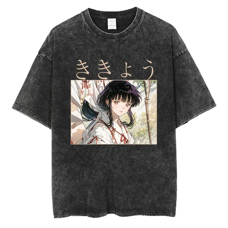 Classic Anime Miko Kikyou Print T Shirt Japanese y2k Harajuku Casual Men Women T-shirt Cotton Washed Vintage Oversized Loose Tee