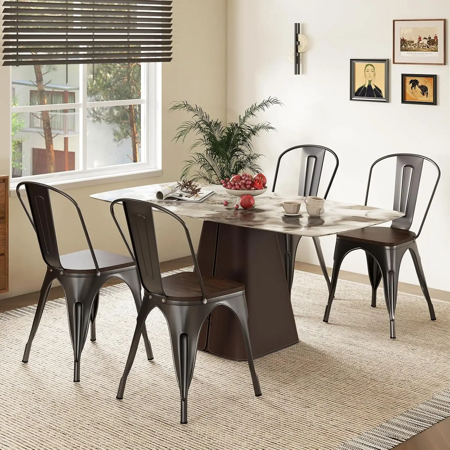 Giantex Metal Dining Chairs Set Of 4, Stackable Kitchen Chairs With Wood Seat & Removable Backrest, Metal Chairs, Space-Saving