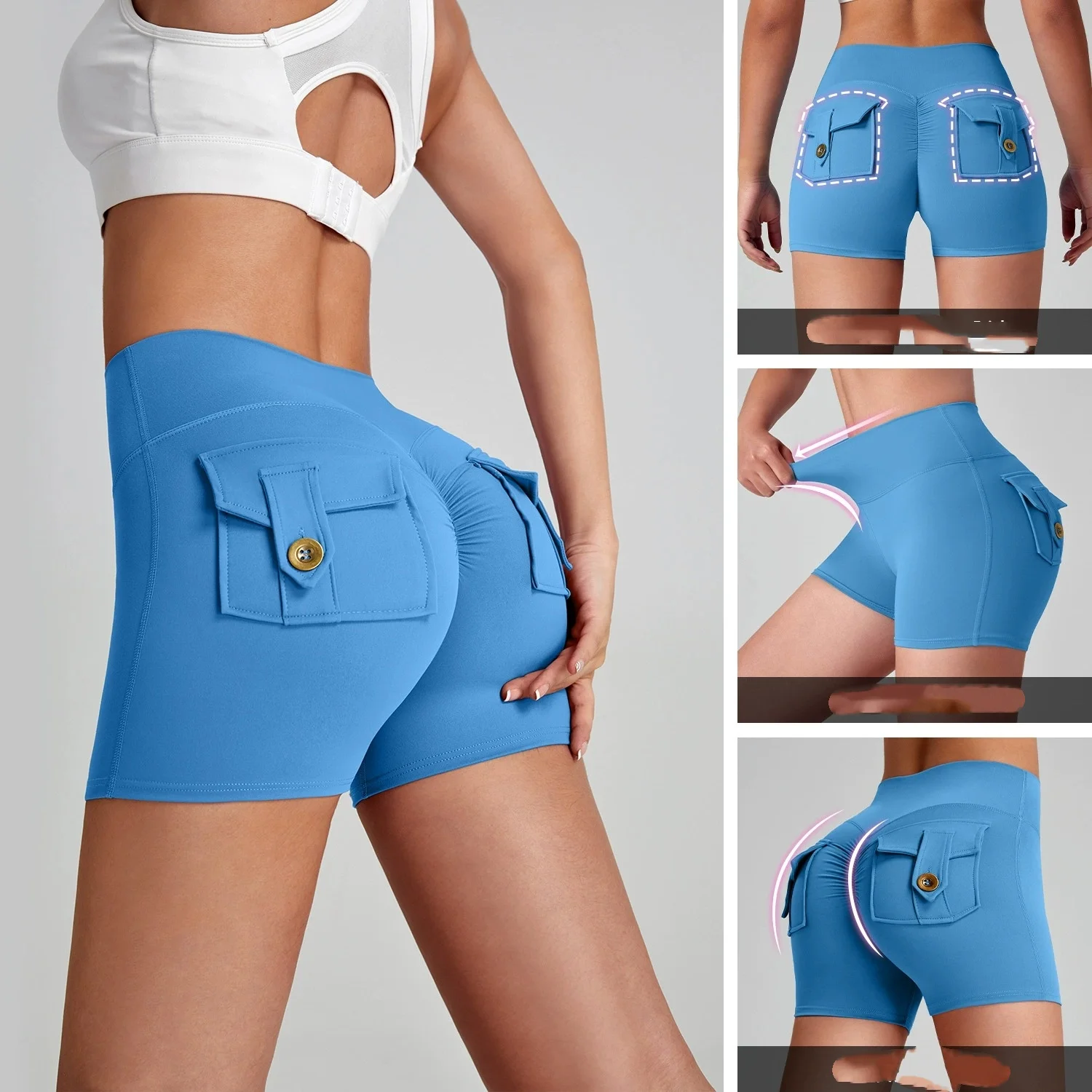 

Yoga Shorts High Waist Pocket Sports Fitness Three Minutes Pants Female Women Seamless Sports Fitness Running Speed Dry Pants