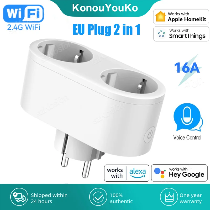 16A EU WiFi Smart Plug 2 in 1 Smart Socket Timer Voice Control Home Appliance Outlet Works With HomeKit SmartThings Alexa Google