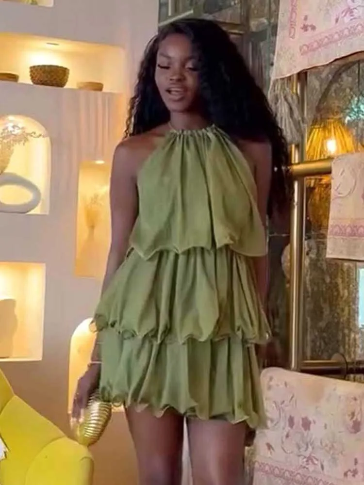 Vestido verde con cuello Halter para mujer, vestido corto de verano con hombros descubiertos, vestido sin mangas con cuello redondo, venta al por mayor, triangulación de envíos