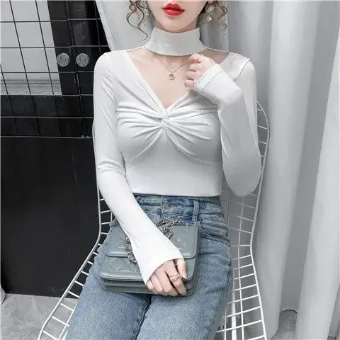 Blouse Women Autumn and Winter Knotted Slim-Fit V-neck Halter Long-Sleeved Shirts for Women Blusas Ropa De Mujer