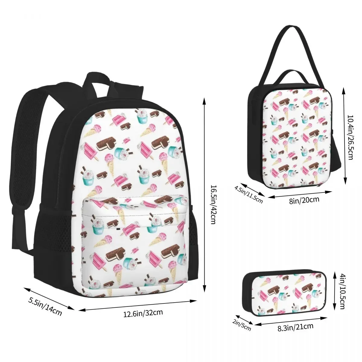 Watercolor Ice Cream And Popsicle Backpacks Boys Girls Bookbag Children School Bags Rucksack Lunch Bag Pen Bag Three-Piece Set