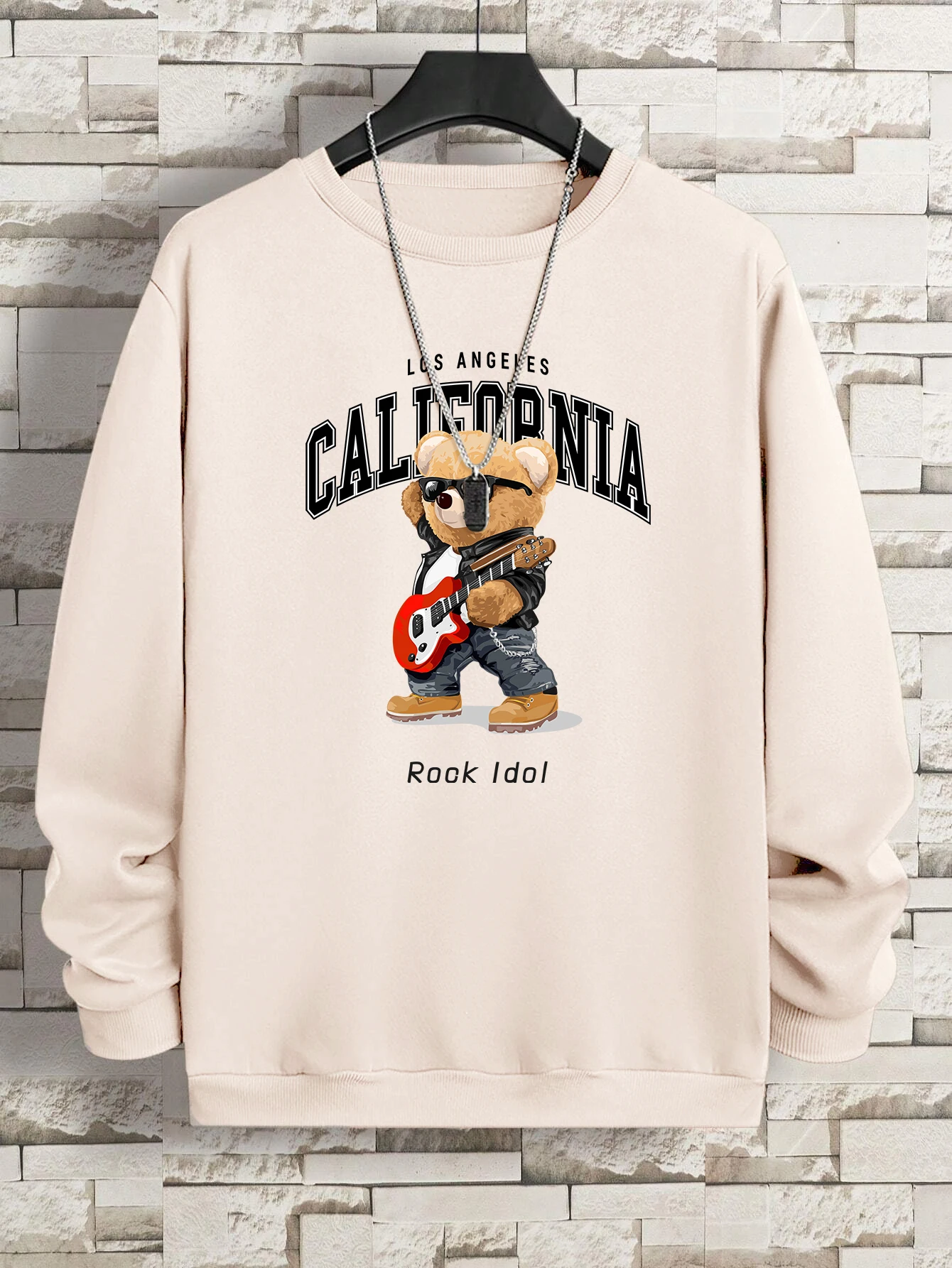 Rook Idol GUITAR Bear Letter Felpa da uomo Hipster in pile Pullover Autunno Girocollo con cappuccio Top larghi casual