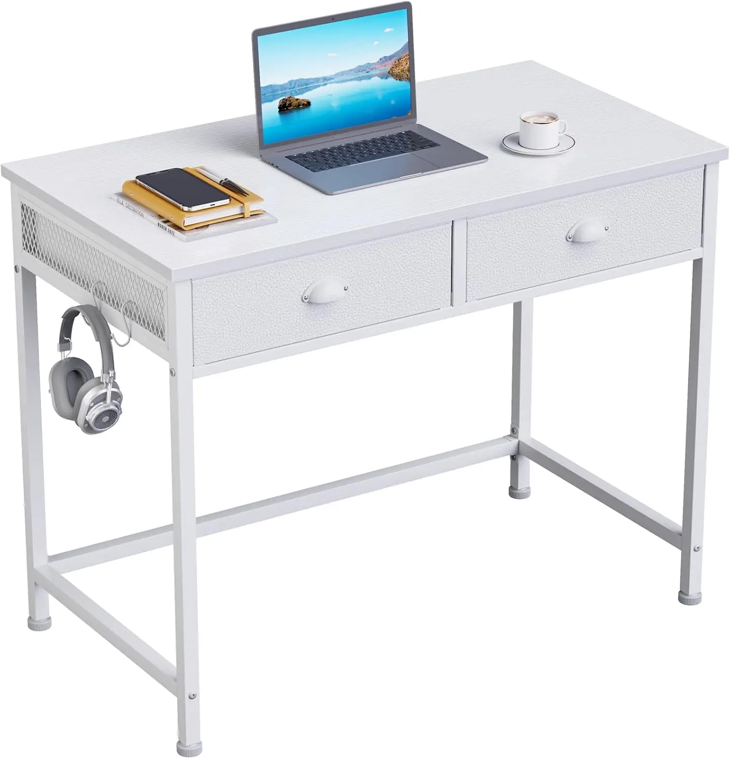 XMSJ White Small Computer Desk With 2 Fabric Drawers, 36 Inch Simple Home Office Writing Desk, Vanity Desk With Hooks, Study Des