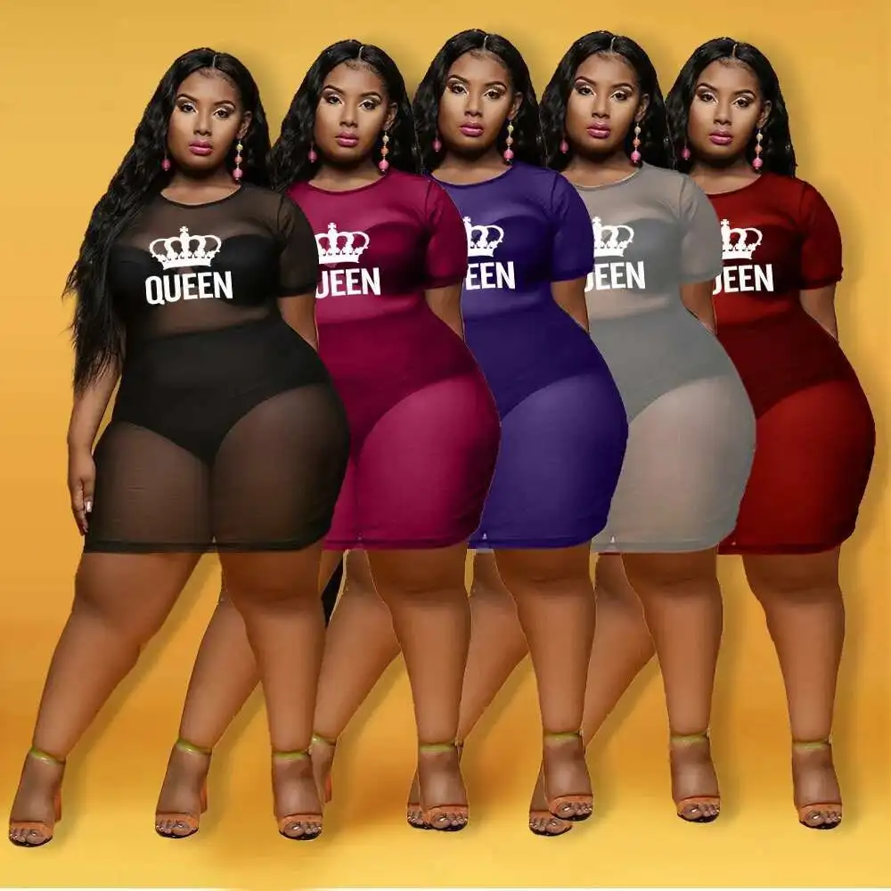 

Women's 2025 Short Sleeved Light Mature Style Sexy Korean Mesh Crown Print See Through Plus Size Dress Elegantes Casual Y2k
