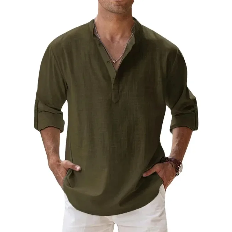 Camisas de lino y algodón para hombre, camisas informales ligeras de manga larga Henley, playeras Hawaianas, 10 colores, novedad de 2024