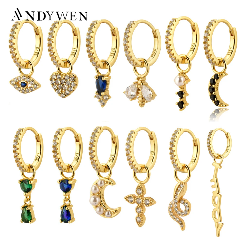 ANDYWEN 925 Sterling Silver 2020 Gold Multi Type Small Charm Pendiente Dangle Pendant Hoops Piercing Zircon Pendiente Jewelry