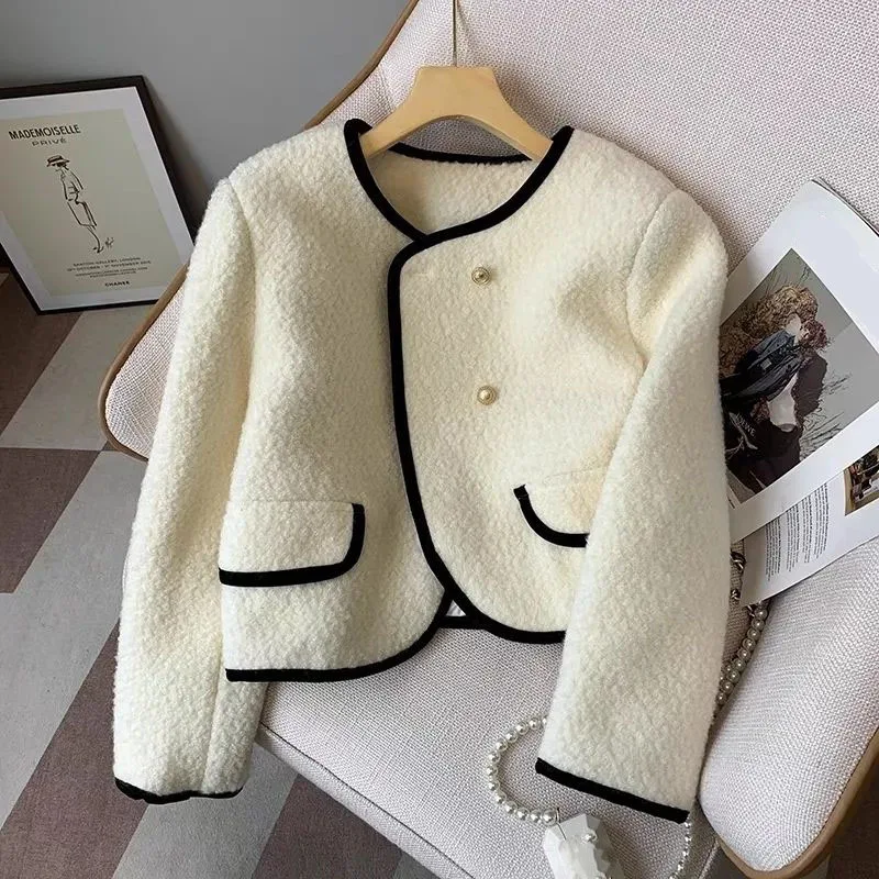 

Lucyever Short Lamb Cashmere Jacket Women Autumn Winter Lightweight Warm Plush Coat Woman Fashion Street Button O-Neck Outerwear