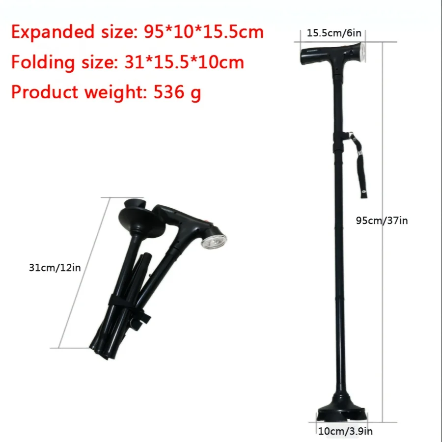 Portable Multifunctional Folding Stick with LED Light, Adjustable Height Aluminum Alloy Cane, Non-Slip Four-Legged Base Stability, Suitable for Hiking, Mountaineering, Camping, And Outdoor Sports Enthusiasts