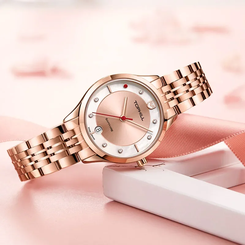 Relojes de negocios para mujer TOPHILL, relojes de cuarzo de marca a la moda, correa de cadena de lujo, hebilla de mariposa, relojes de diamantes impermeables