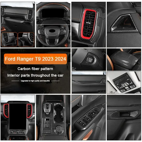 Imagen 2 del producto Accesorios de mejora interior de fibra de carbono para Ford Ranger Wildtrak 2023 2024 2025, cubierta de cambio de marchas del control central del coche, panel de puerta