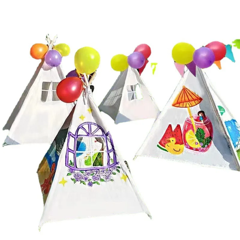 12 Pack Teepee Tent for Kids, 1.1/1.35m White Canvas Camping Tent Indoor Outdoor Portable Teepee Tent for Kids Boys Cirls