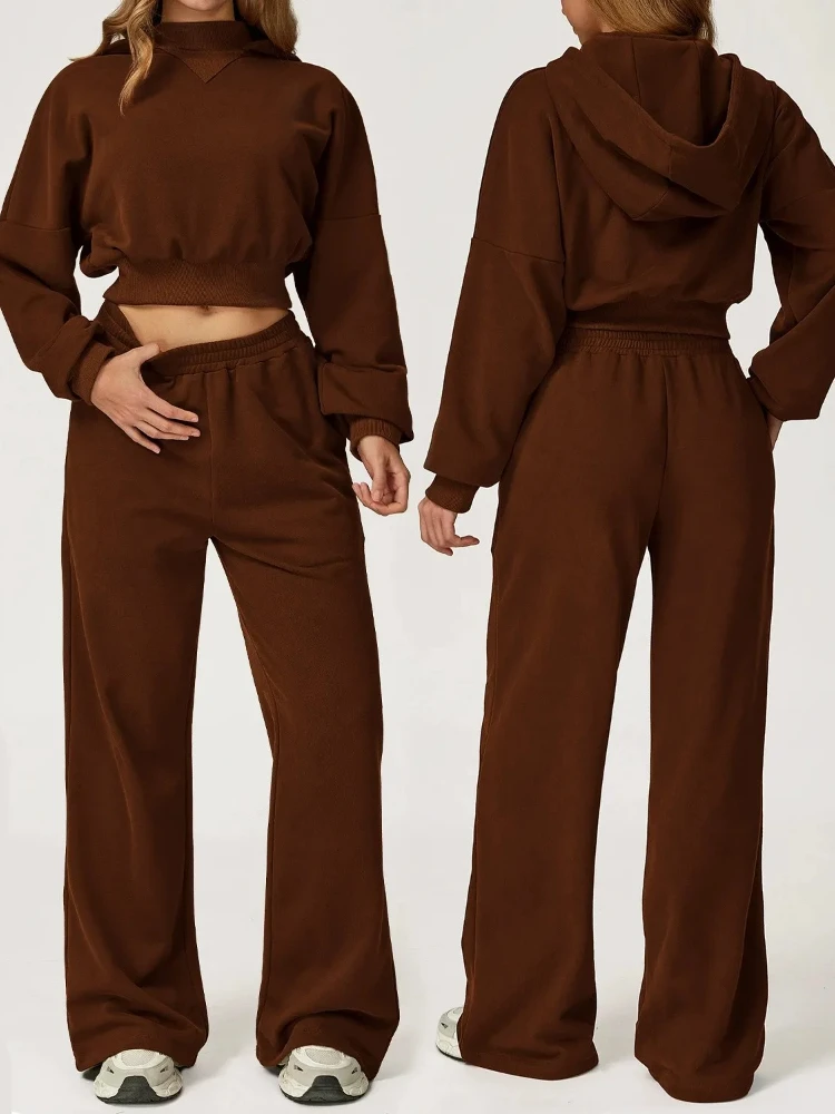 

Women Sweatshirt Yoga Set Autumn Winter Long Sleeve Pullover Hoodie Drawstring Pocket Straight Pants Fitness Running Suit