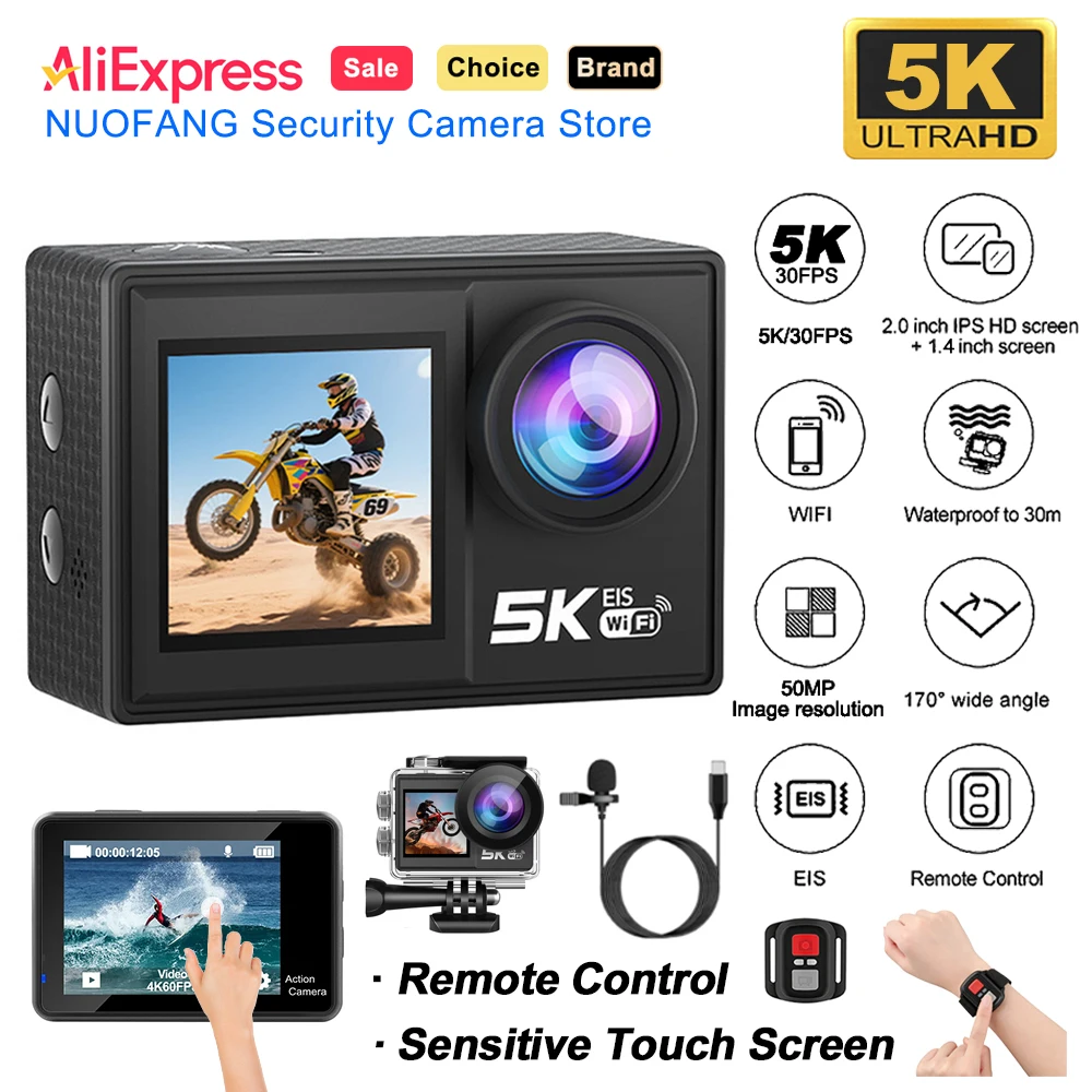 

Экшн-камера M41TR 5K, EIS, 50 МП, 30 кадров/с, 5-кратный зум, 2.0 IPS сенсорный экран, 170° ° Широкоугольная камера с Wi-Fi, водонепроницаемая до 30 м, с двумя экранами и пультом дистанционного управления
