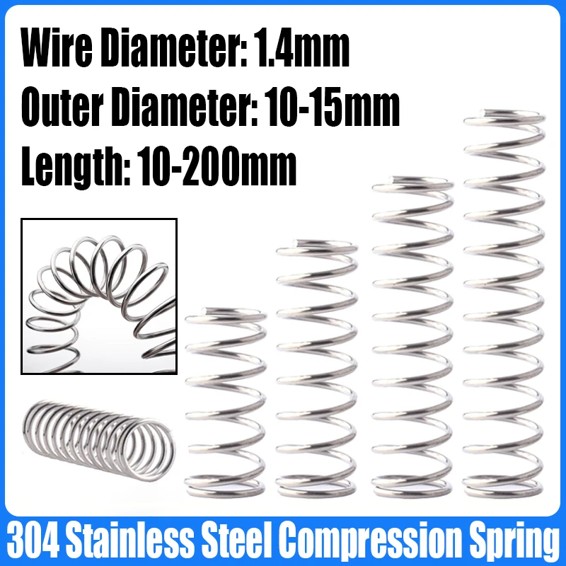 1-10PC 1.4mm Wire Diameter Compression Spring 304 Stainless Steel Pressure Spring Return Spring 10-15mmOutside Diameter L=10-200