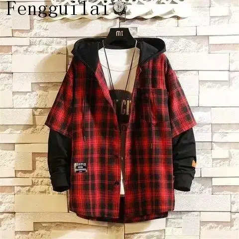 Men Hooded Plaid Shirt Jacket Fake Two Piece Long Sleeve Red Black Checkered Shirts Loose Streetwear Casual Overshirt