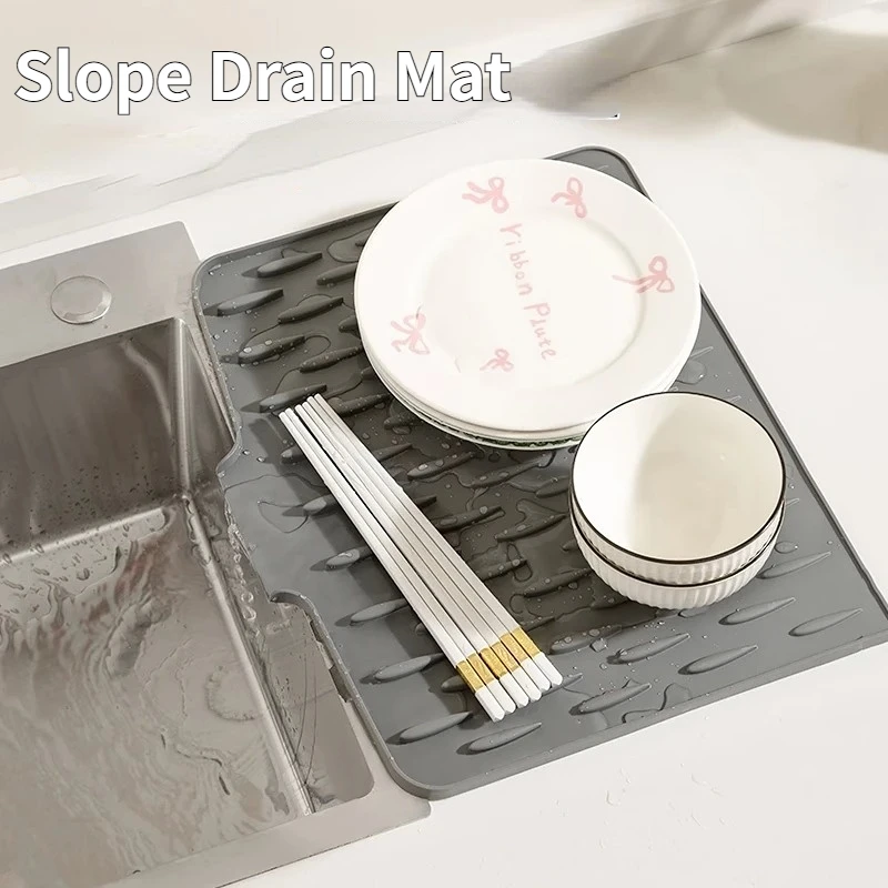 2025 Dish Drying Mat No Spill Silicone Drying Slope Drain Pad Heat Resistant Multi-Function Countertop Protector Kitchen Gadget