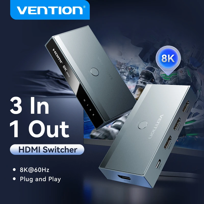 Vention 8K HDMI 2.1 Switcher 8K 60Hz 4K 120Hz HDMI Switch for XBOX 360 TV PS5 4 Set Top Boxes Blu Ray 3 in 1 out HDMI 2.1