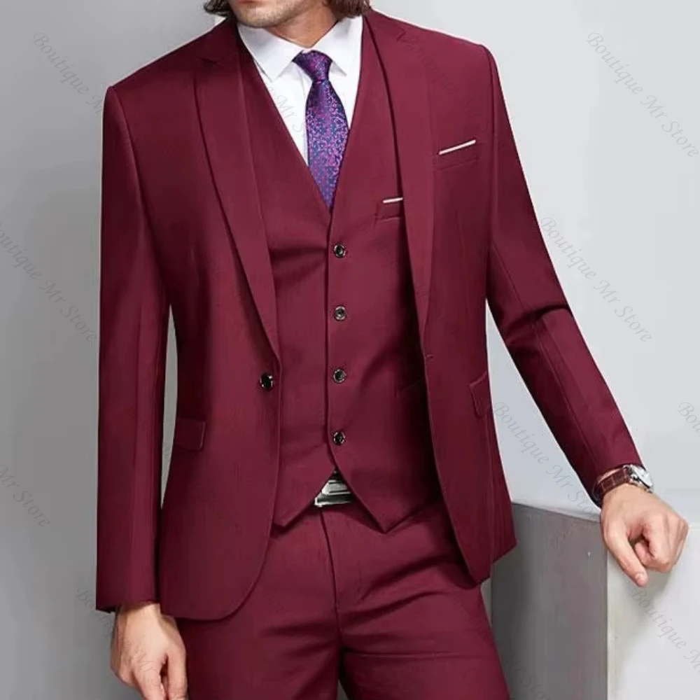

Burgundy Men Suits for Wedding Black Shawl Lapel Slim Fit Groom 3 Pieces Latest Coat Pants Designs Custom Made Set