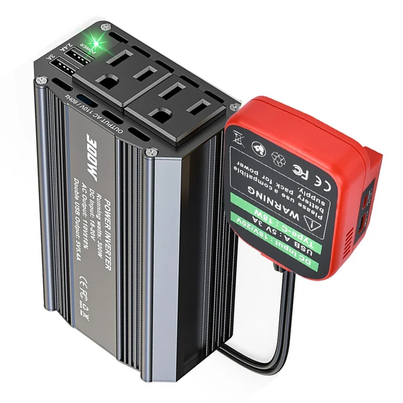 BNVN-배터리 18V ~ 110V 300W 전원 인버터 DC 어댑터, AC 콘센트 2개 자동차용 USB 포트 2개 포함