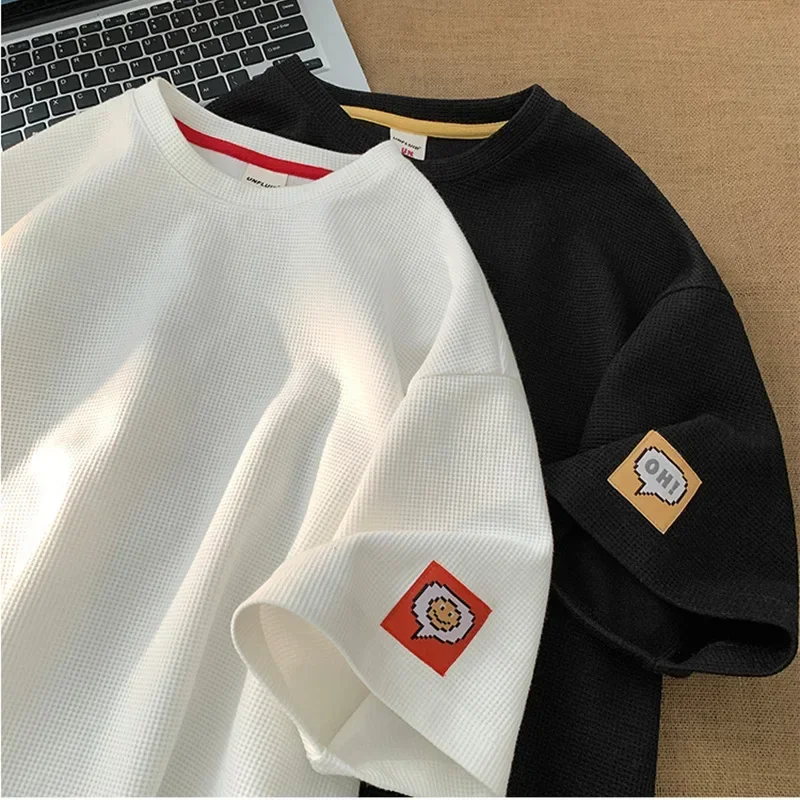 

Loose Short Sleeve Men's T-shirt Casual Breathable Waffle Fabric Summer Fashion Brand Versatile Half Sleeve Handsome Base Shirt