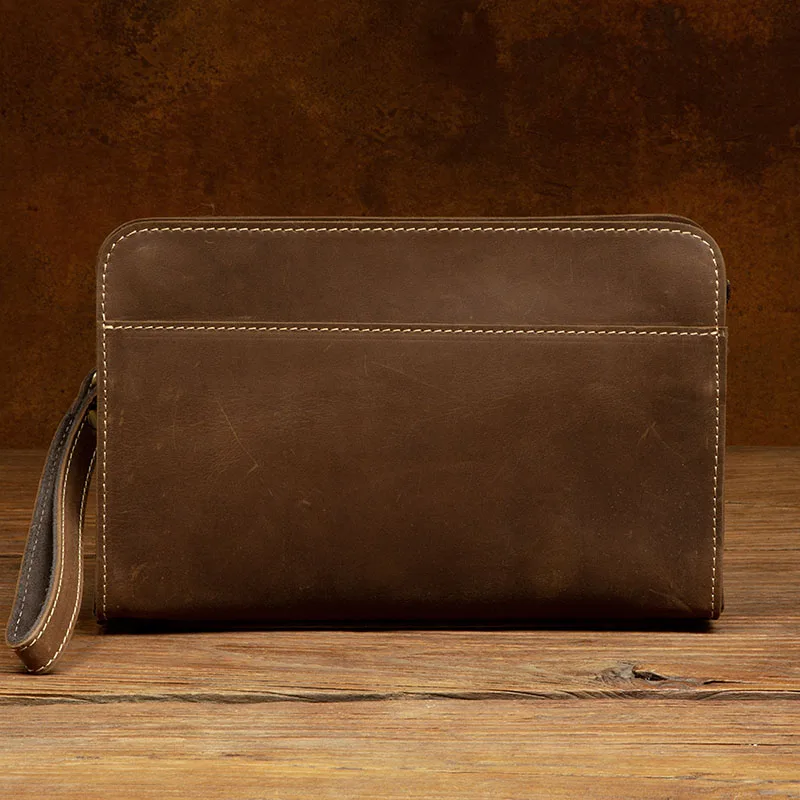 

Crazy horse leather men's handbags retro business long clutch leather leather purse shoulder bag large capacity