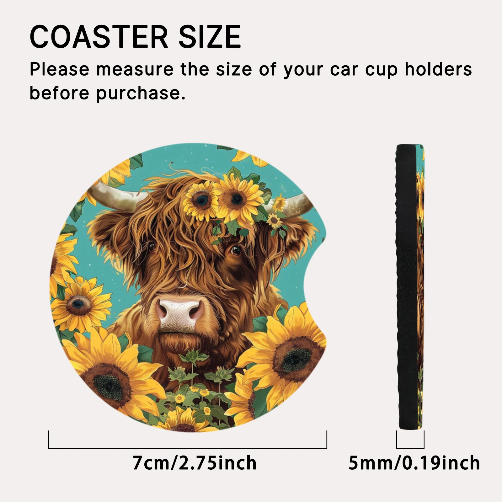 2-Pack Sunflower Highland Cow Car Coasters Universal Non-Slip Absorbent Coasters Gift for Animal Lovers