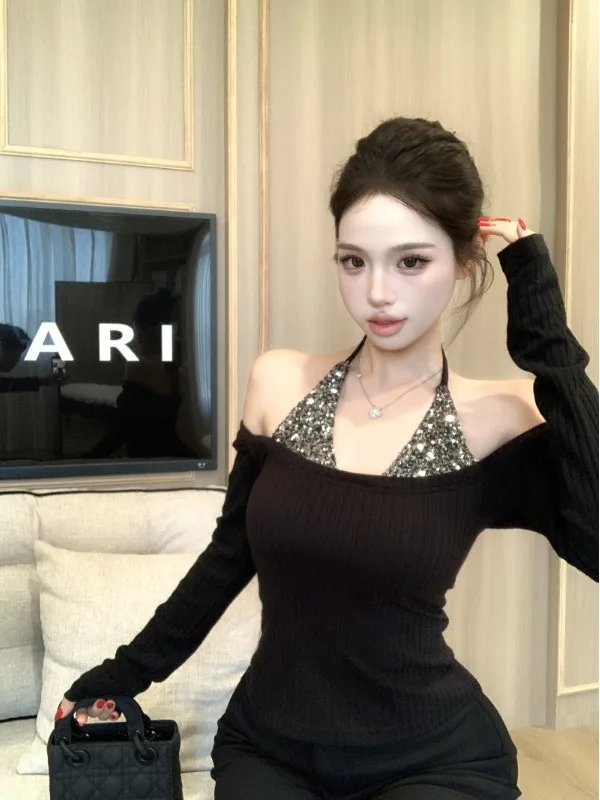 

Сексуальный блестящий топ с пэчворком и вырезом халтер, женская уникальная элегантная блузка с эффектом двухслойности на одно плечо, в стиле High-End