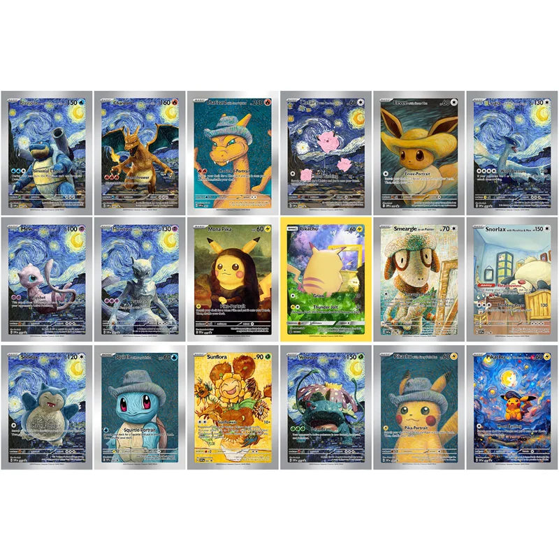 

18Pcs/Set Diy English Collection Van Gogh Card Pikachu Charizard Eevee Snorlax Mew MonaPika Glitter Gift Card Toy
