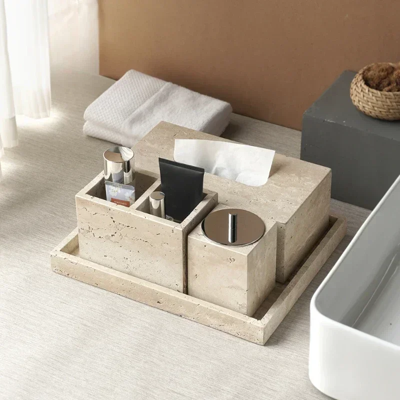 Natural Yellow Travertine Bathroom Seven Piece Set Tray Tissue Box Soap Dish Creative Home Hotel Bathroom Desktop Decoration