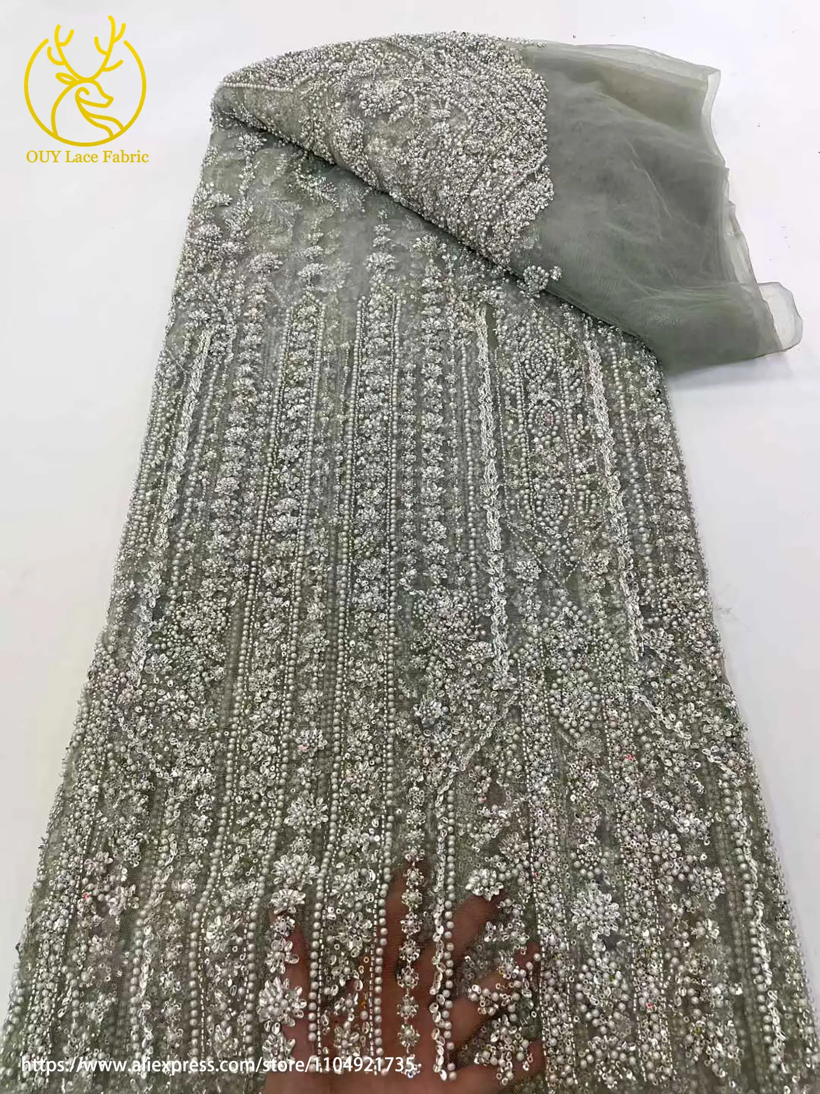 Wunderschöner Eleganter Afrikanischer Handgefertigter Perlen-Spitzenstoff 2026 Modische Französische Nigerianische Pailletten-Bestickte Spitze für Hochzeitskleider – Detail 9