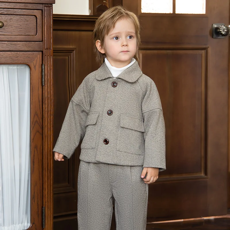 Conjunto de blazers espessados estilo britânico infantil, ternos de meninos, casamentos, cinza, quente, bonito, traje de piano, outono, inverno