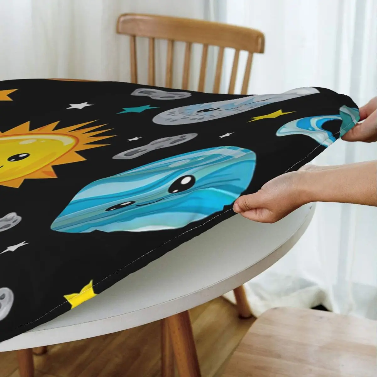 Kawaii Planets Cute Solar System Waterproof Round Tablecloth Oilproof Table Cloth for Kitchen Events Dining Table Cover