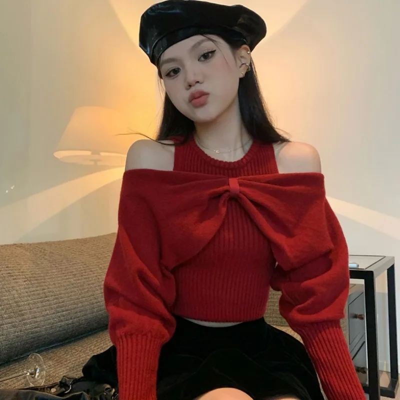 Round Neck Off Shoulder Sweater Women Bow Solid Color Knitted  2024 New Bat Long Sleeve Short Slim